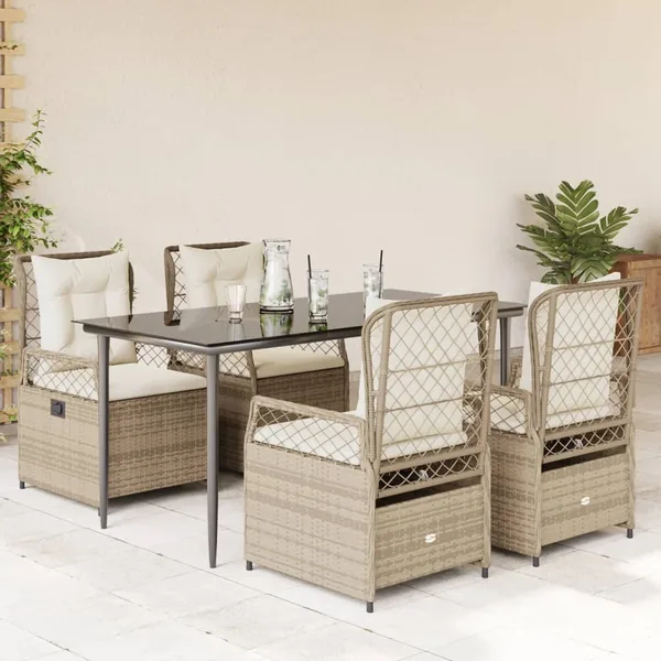 Ensemble à manger de jardin avec coussins 5pcs Beige poly rotin
