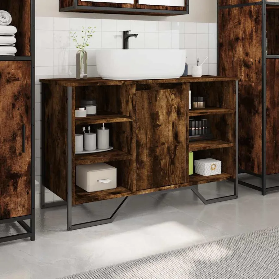 Armoire lavabo de salle de bain chêne fumé 91x35x60 cm - 3