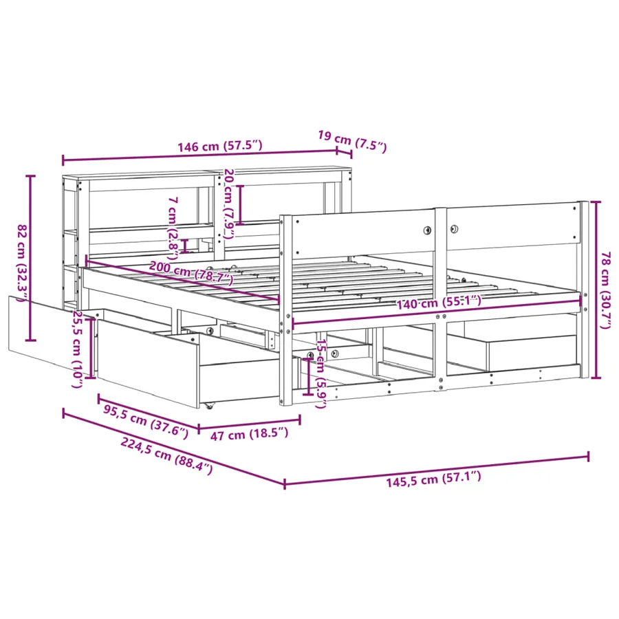 Cadre de lit sans matelas cire marron 140x200cm bois pin massif - 12
