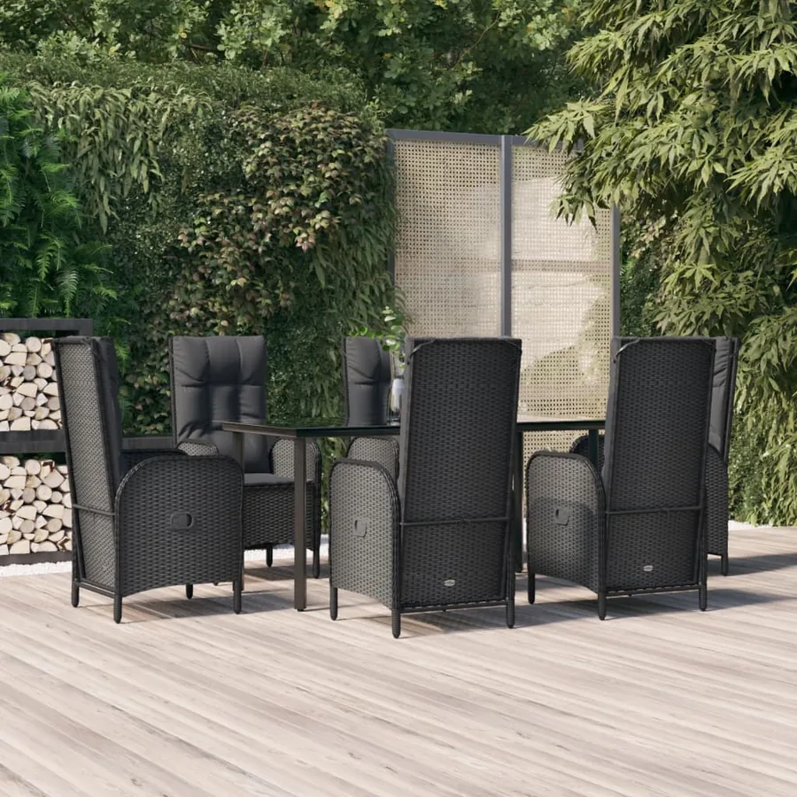 Ensemble à manger de jardin coussins 7pcs Noir Résine tressée