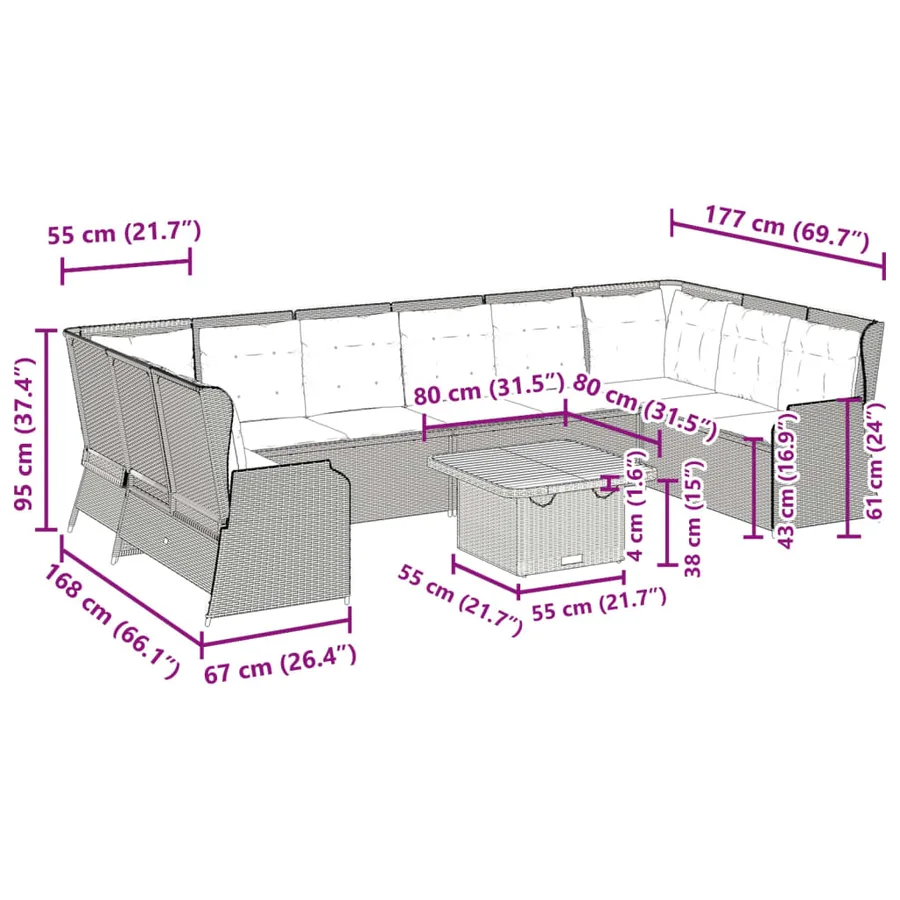 Salon de jardin 7 pcs avec coussins Gris Résine tressée - 12