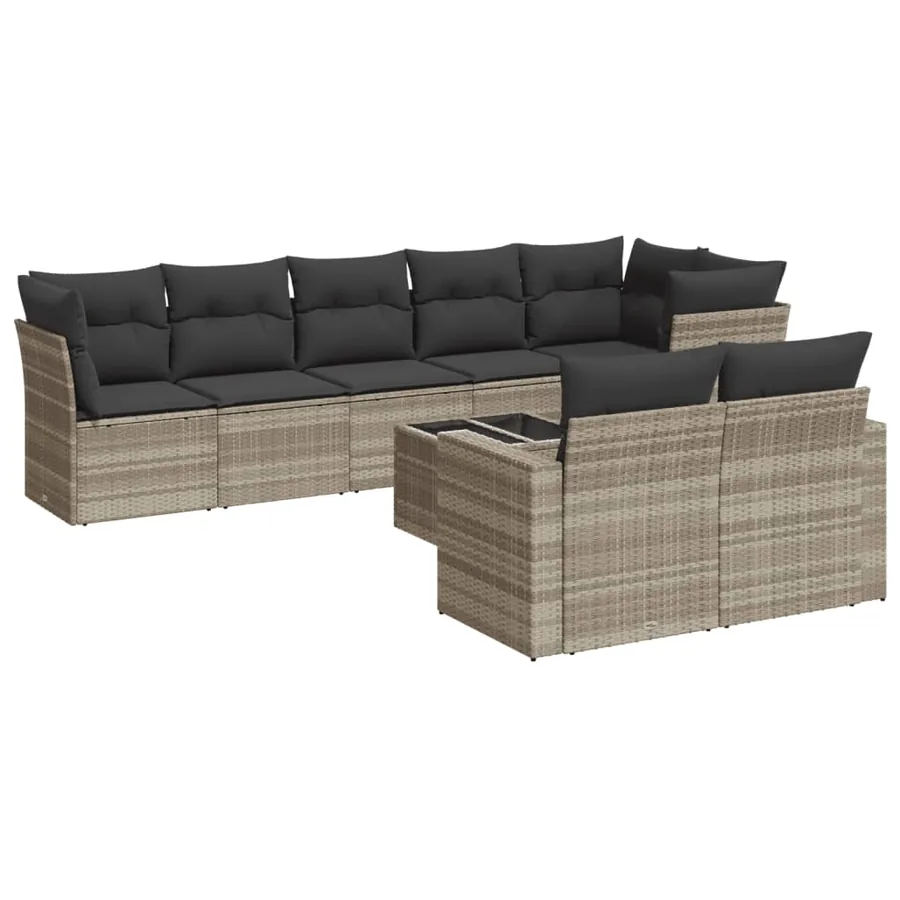 Salon de jardin 9 pcs avec coussins gris clair résine tressée - 2