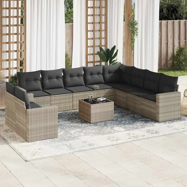 Salon de jardin 11 pcs avec coussins gris clair résine tressée