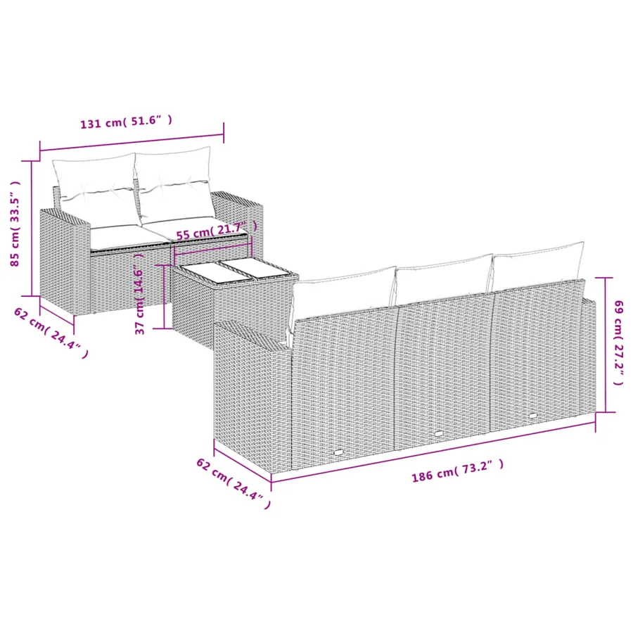 Salon de jardin 6 pcs avec coussins gris clair résine tressée - 3