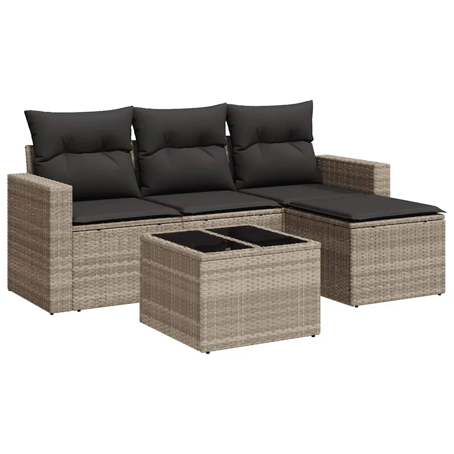 Salon de jardin 5 pcs avec coussins gris clair résine tressée - 2