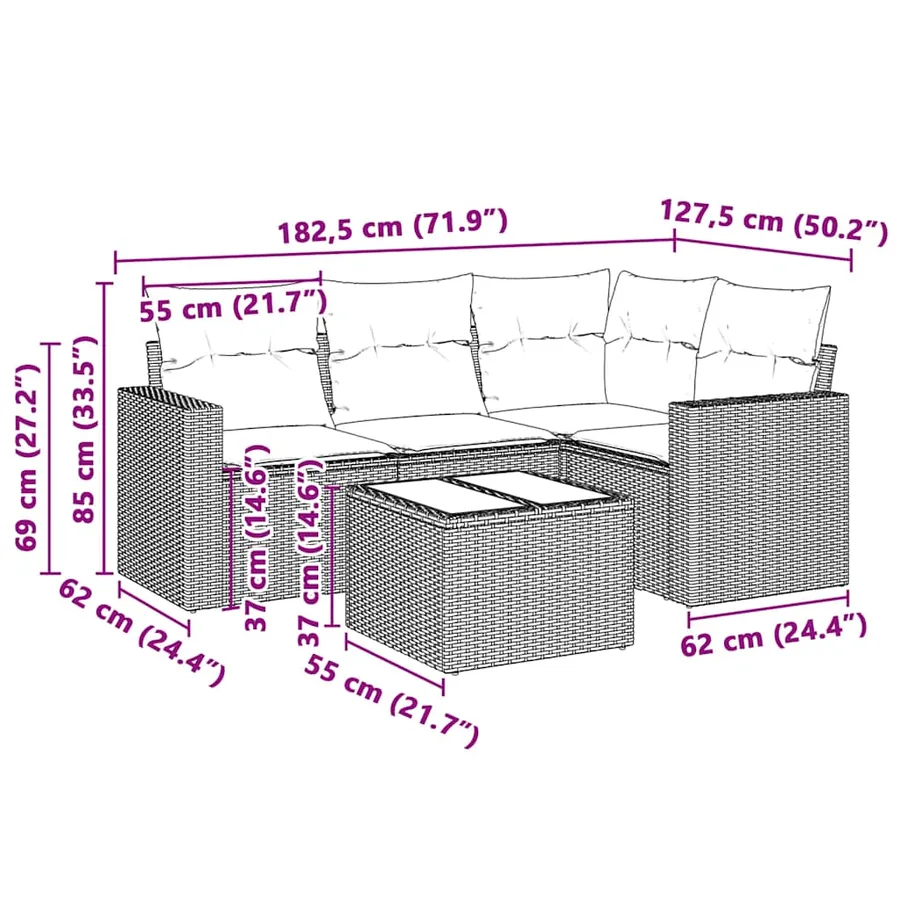 Salon de jardin 5 pcs avec coussins gris clair résine tressée - 3