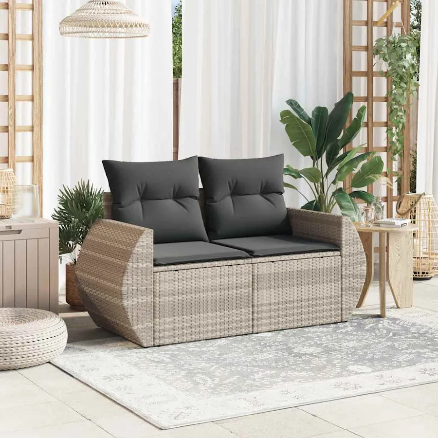 Canapé de jardin 2 places et coussins gris clair résine tressée - 3
