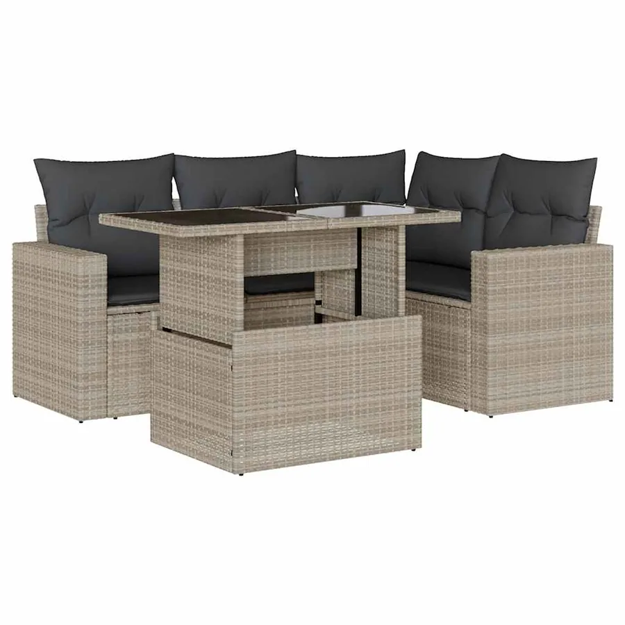 Salon de jardin 5 pcs avec coussins gris clair résine tressée - 2