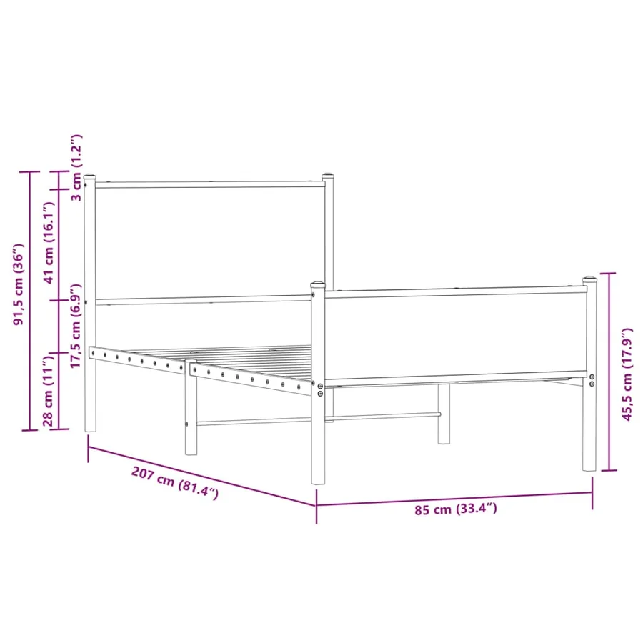 Cadre de lit en métal sans matelas chêne fumé 80x200 cm - 10