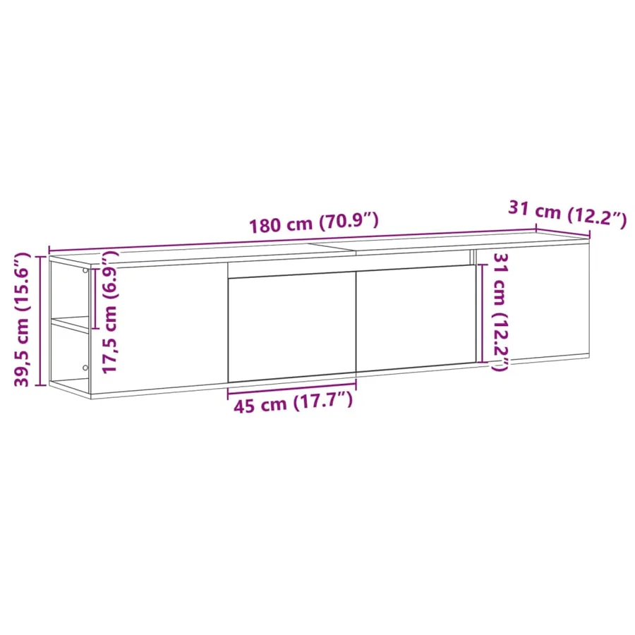 Meuble TV mural avec LED sonoma gris 180x31x39,5 cm - 15