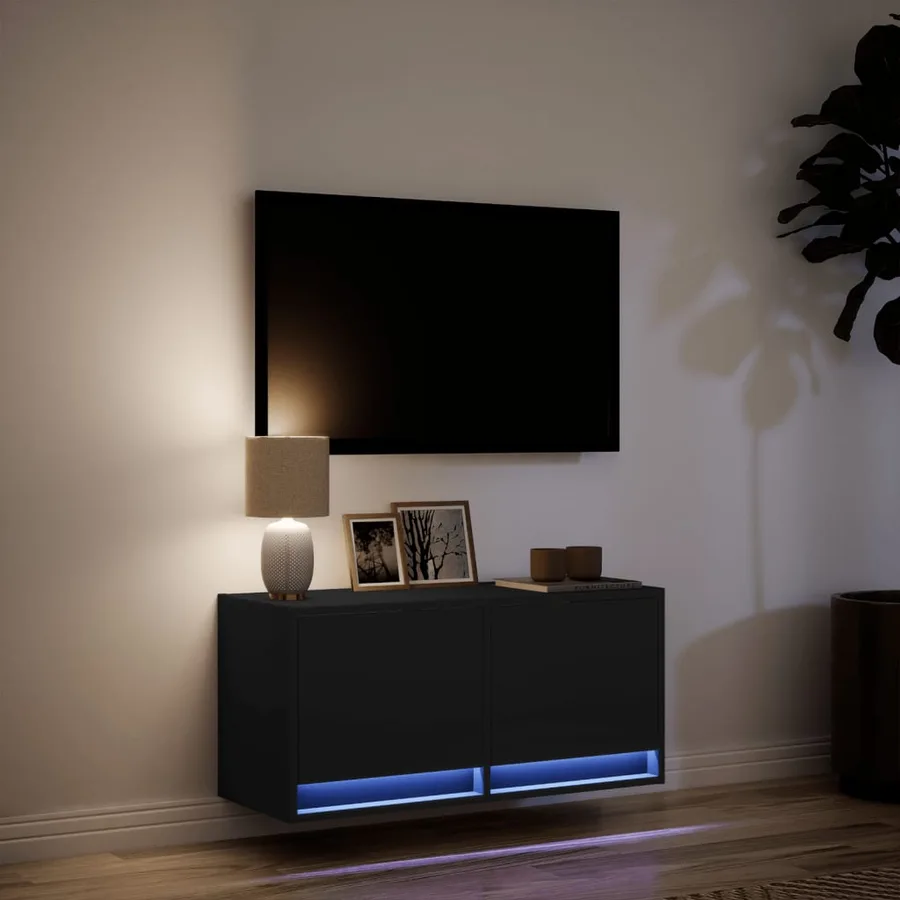 Meuble TV mural avec lumières LED noir 80x31x35 cm - 5