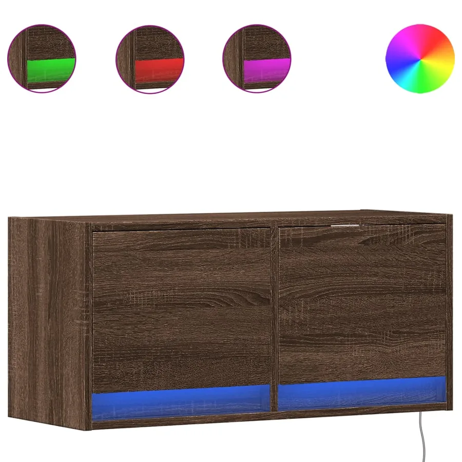 Meuble TV mural avec lumières LED chêne marron 80x31x35 cm - 2
