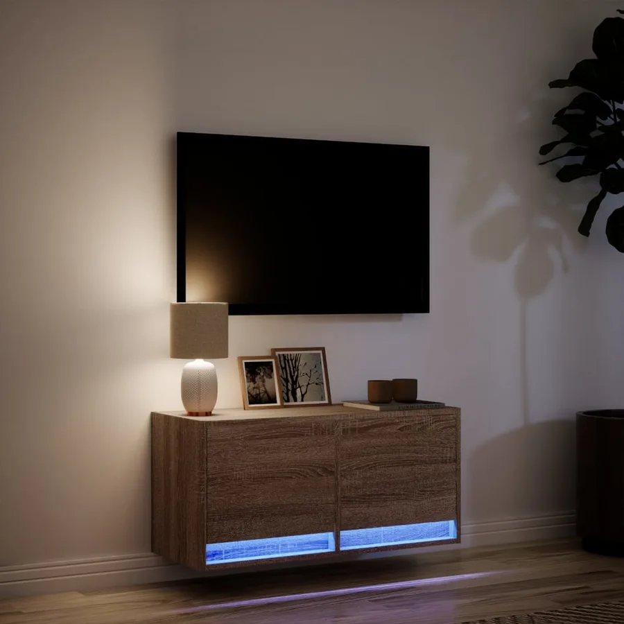 Meuble TV mural avec lumières LED chêne marron 80x31x35 cm - 5