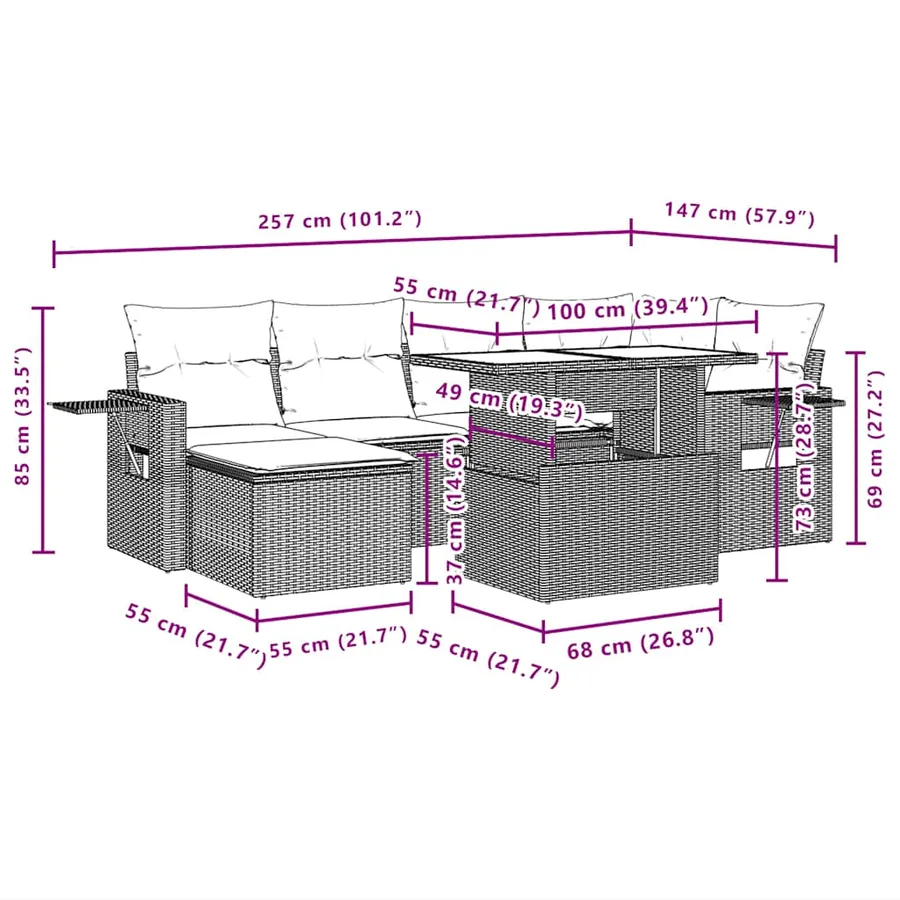 Salon de jardin avec coussins 7 pcs gris clair résine tressée - 12