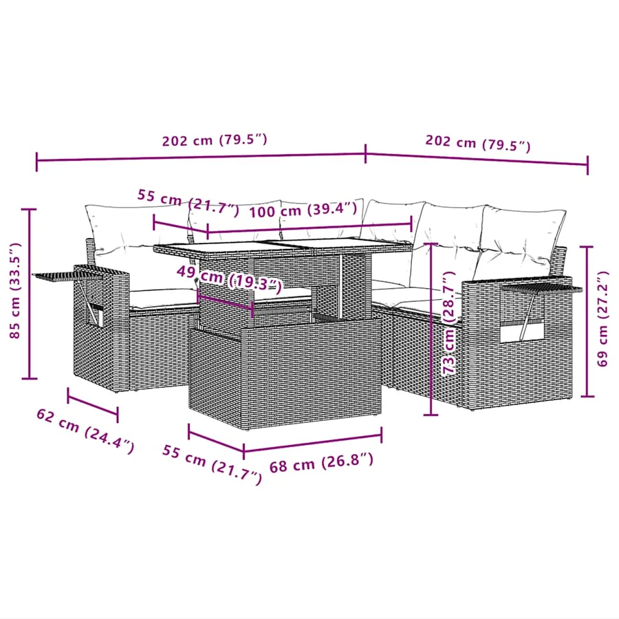Salon de jardin 6 pcs avec coussins gris clair résine tressée - 11
