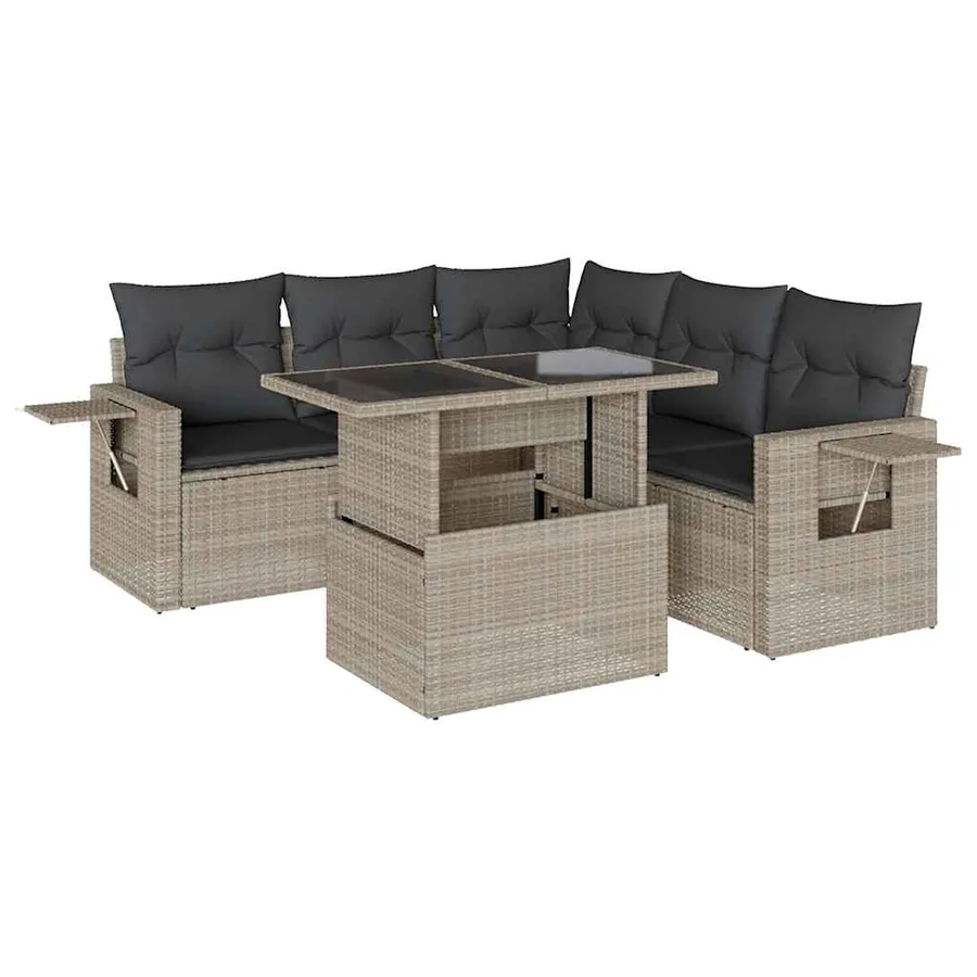 Salon de jardin 6 pcs avec coussins gris clair résine tressée - 2