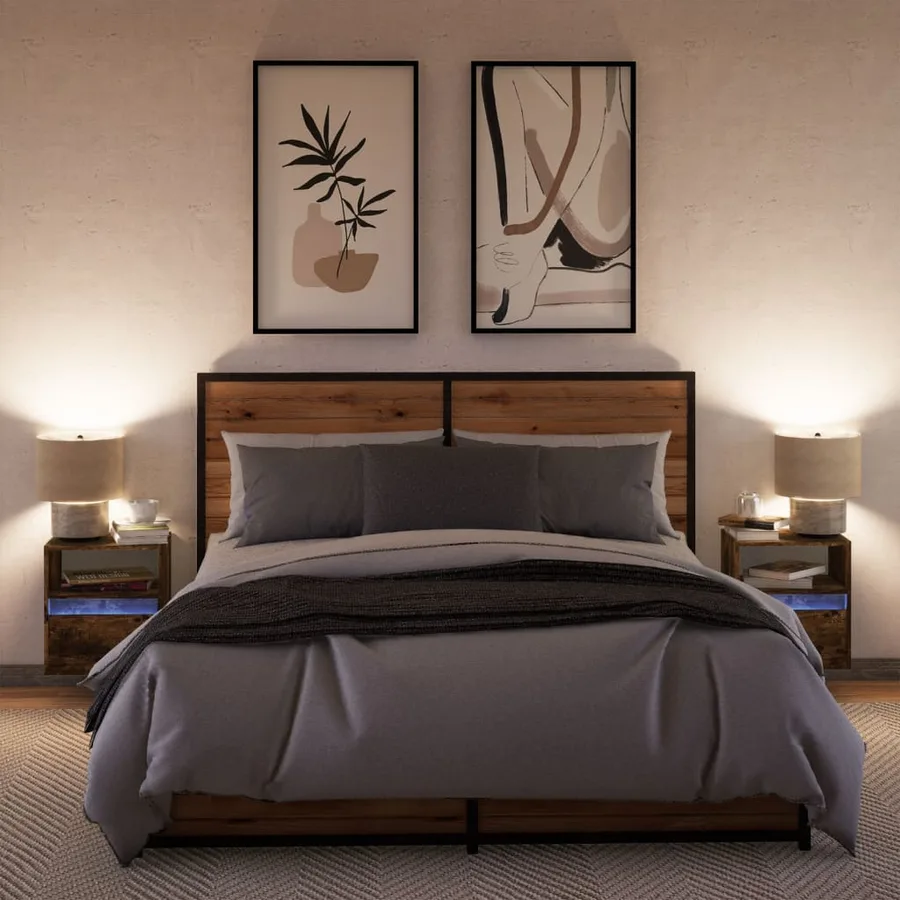 Tables de chevet murales avec lumières LED 2 pcs chêne fumé - 4