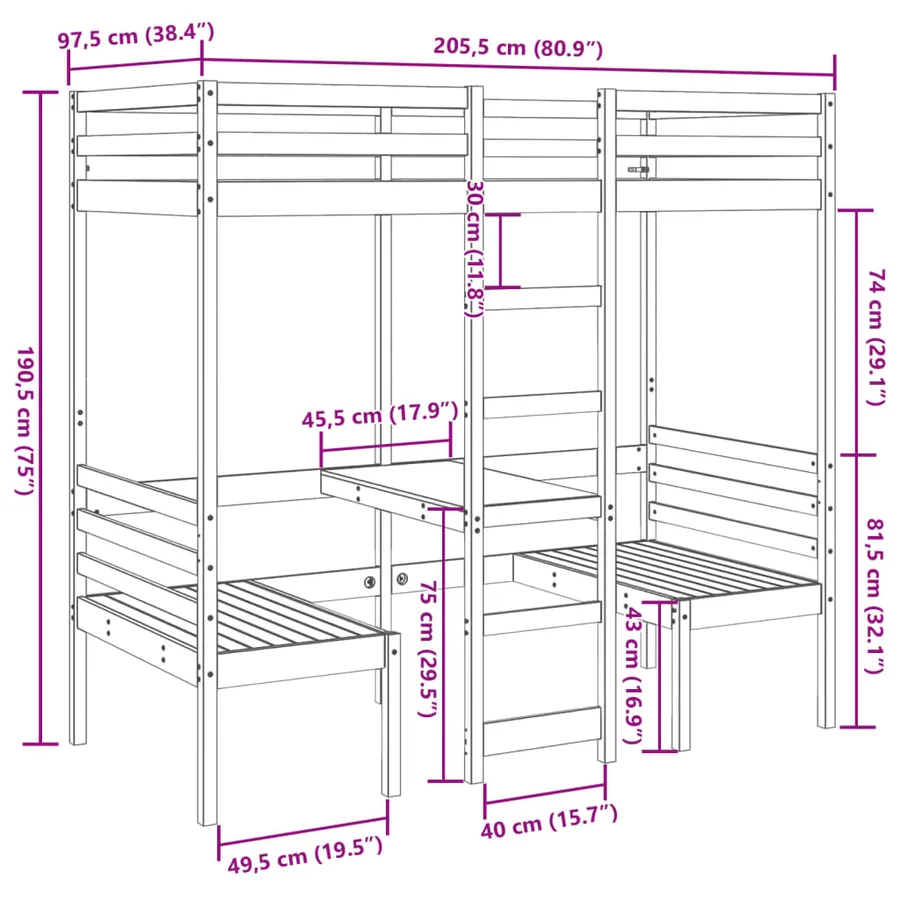 Lit mezzanine avec bureau et chaises 90x200 cm pin massif - 10