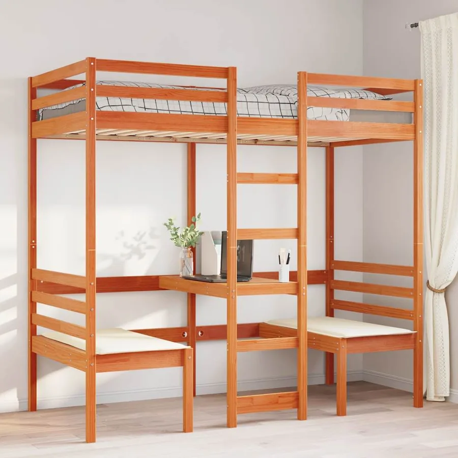 Lit mezzanine avec bureau et chaises brun cire 80x200 cm pin - 3