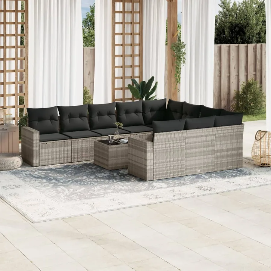 Salon de jardin 11 pcs avec coussins gris clair résine tressée