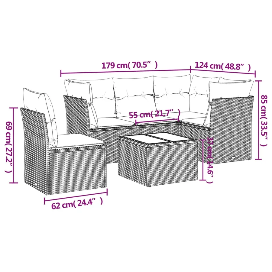 Salon de jardin 6 pcs avec coussins gris clair résine tressée - 3