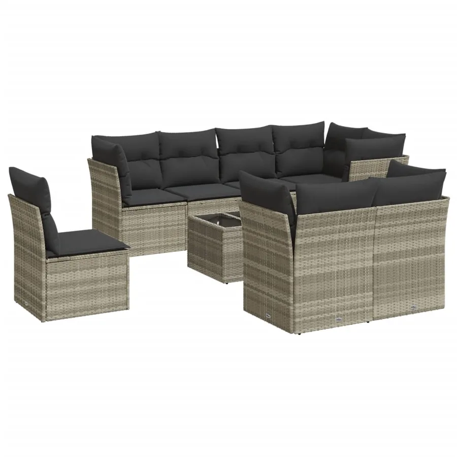 Salon de jardin 9 pcs avec coussins gris clair résine tressée - 2