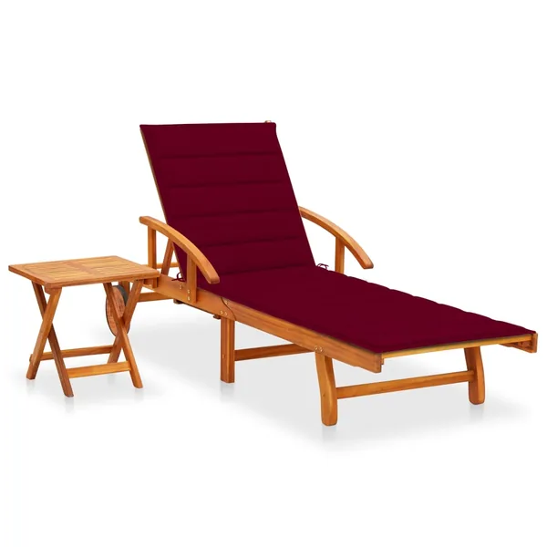 Garden Sun Lounger with Table and Cushion Acacia Wood