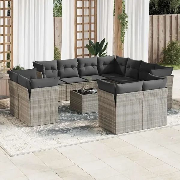 Salon de jardin avec coussins 12 pcs gris clair résine tressée