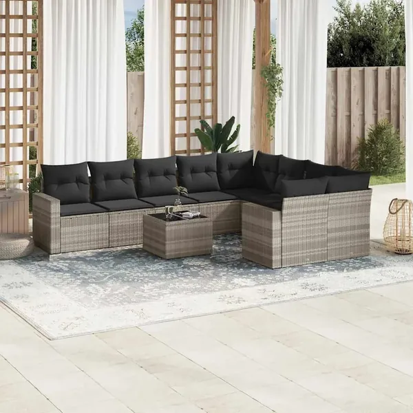 Salon de jardin avec coussins 10 pcs gris clair résine tressée