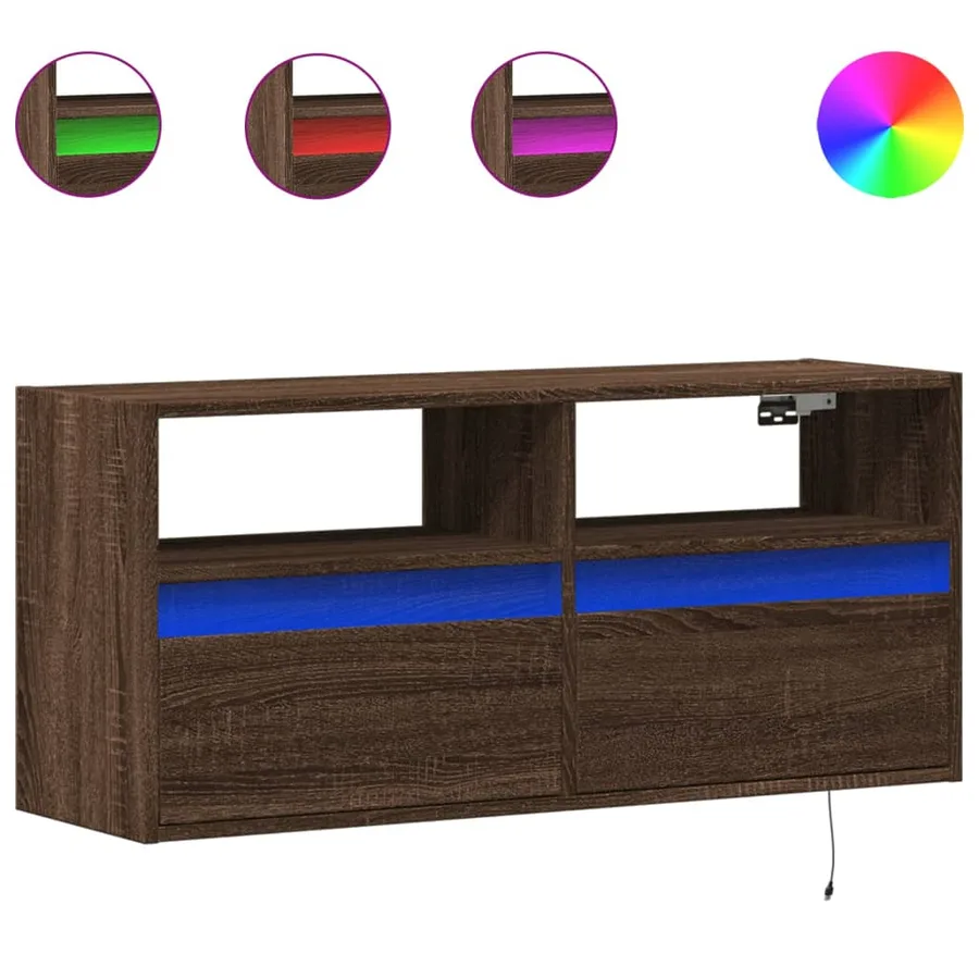 Meuble TV mural avec lumières LED chêne marron 100x31x45 cm - 2