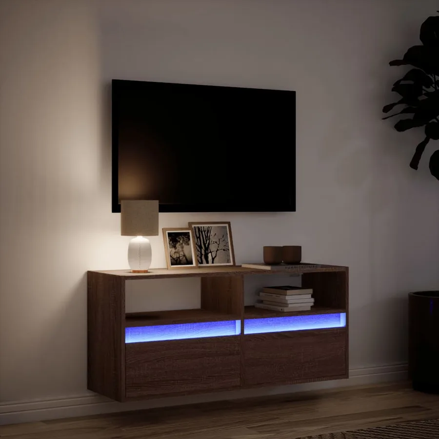 Meuble TV mural avec lumières LED chêne marron 100x31x45 cm - 5