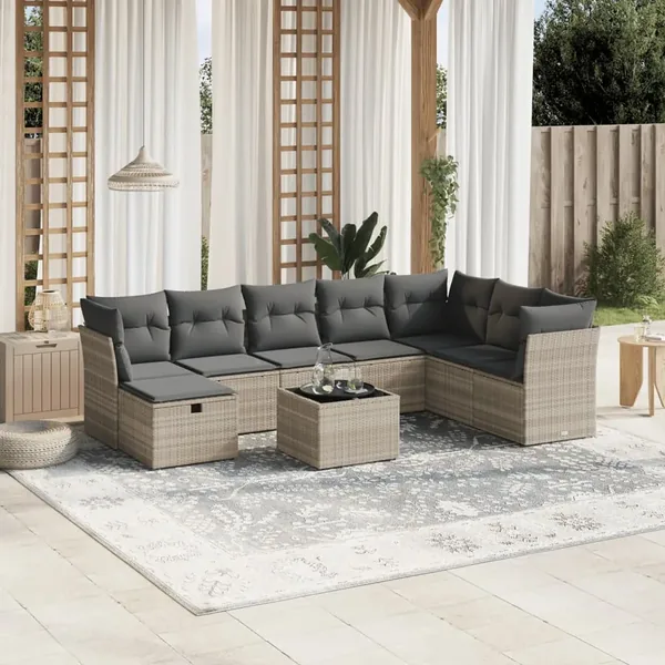 Salon de jardin 9 pcs avec coussins gris clair résine tressée