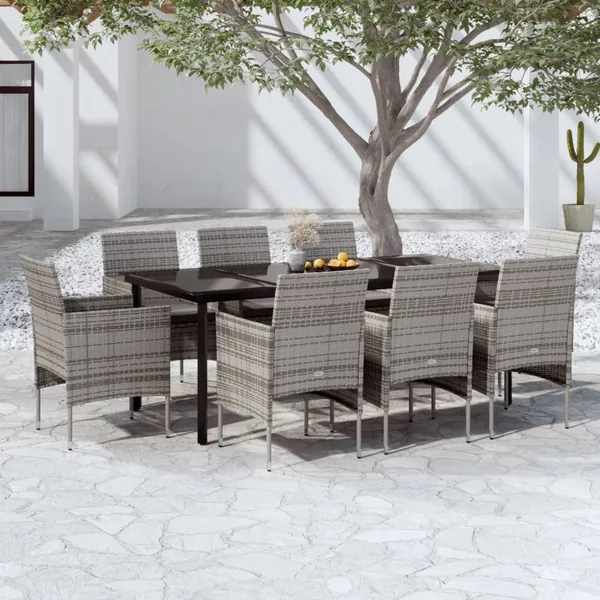 Ensemble à manger de jardin et coussins 9pcs Gris/noir
