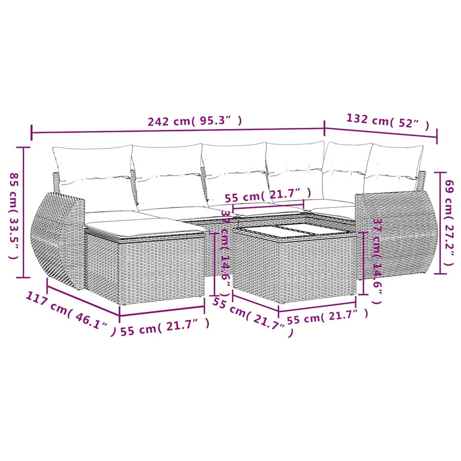 Salon de jardin avec coussins 7 pcs gris clair résine tressée - 9