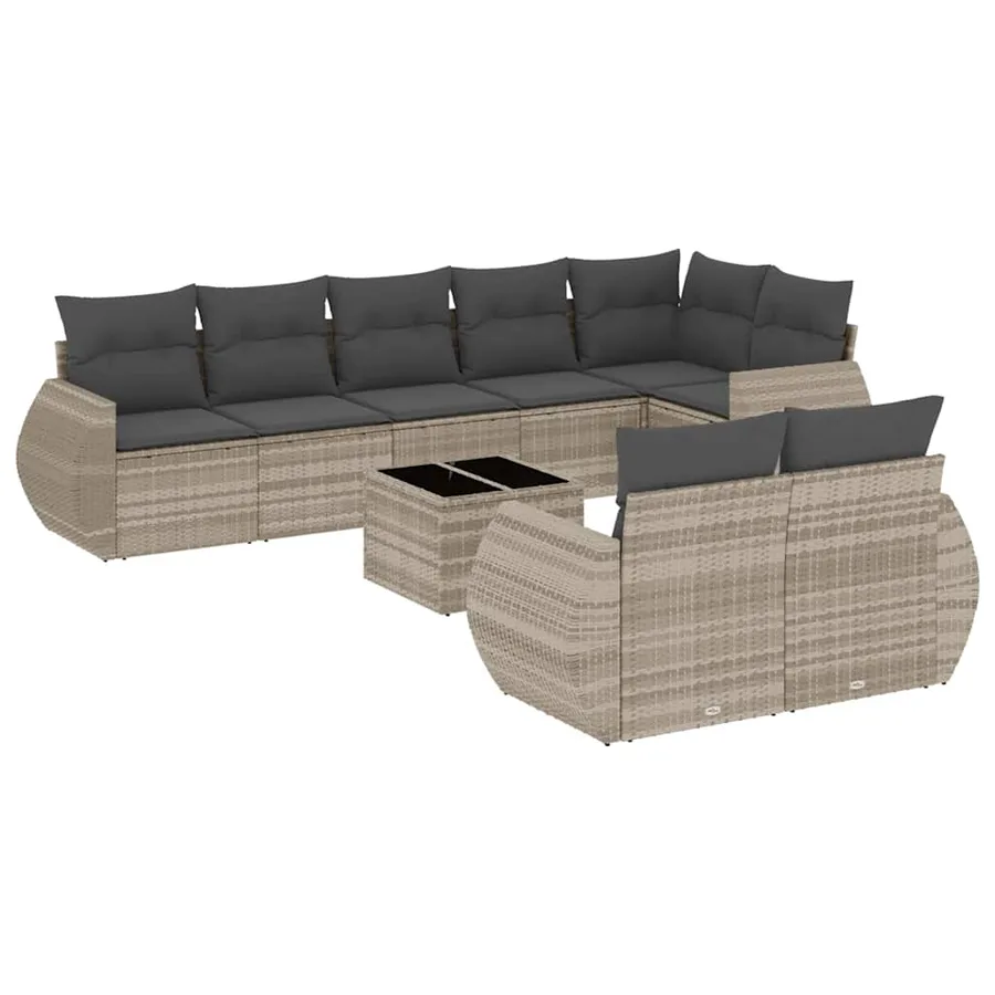 Salon de jardin 9 pcs avec coussins gris clair résine tressée - 2