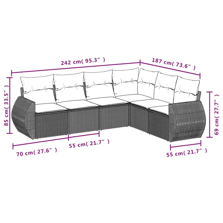 Salon de jardin 6 pcs avec coussins gris clair résine tressée - 7