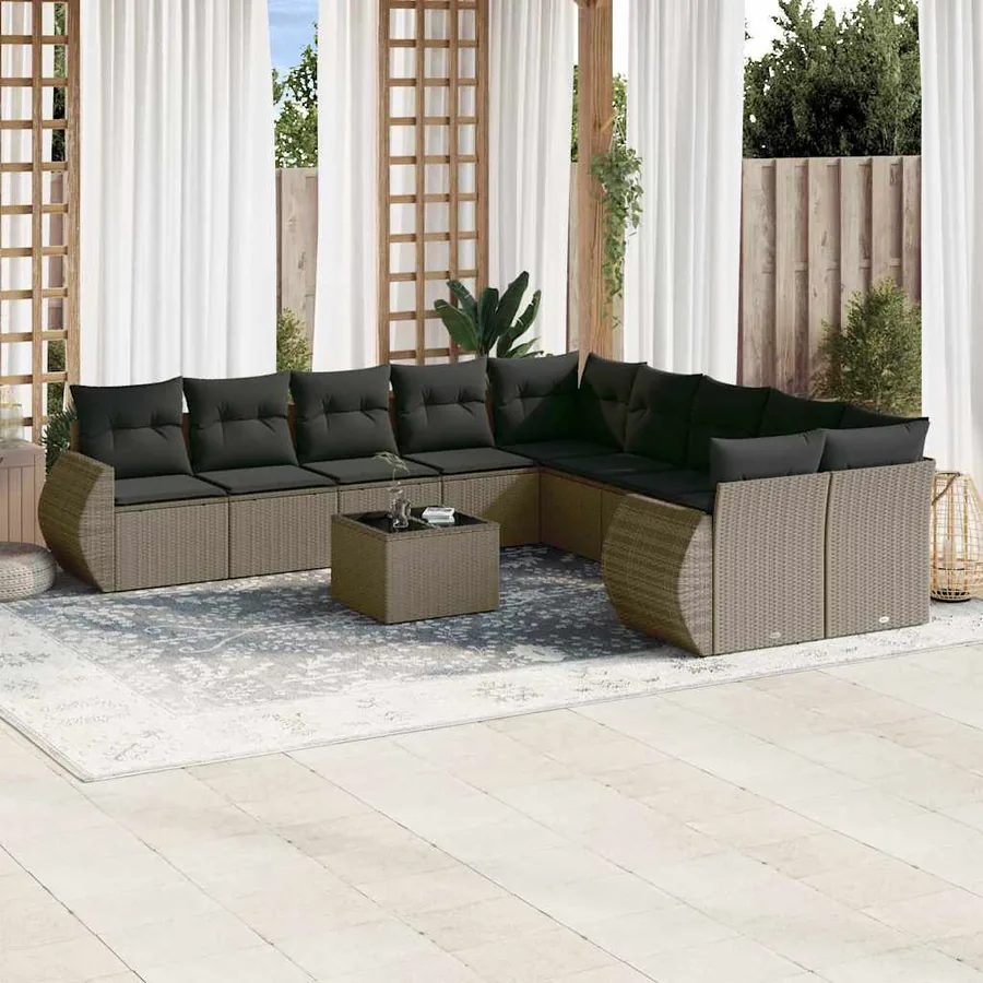 Salon de jardin 11 pcs avec coussins gris clair résine tressée