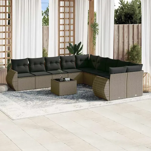 Salon de jardin 11 pcs avec coussins gris clair résine tressée