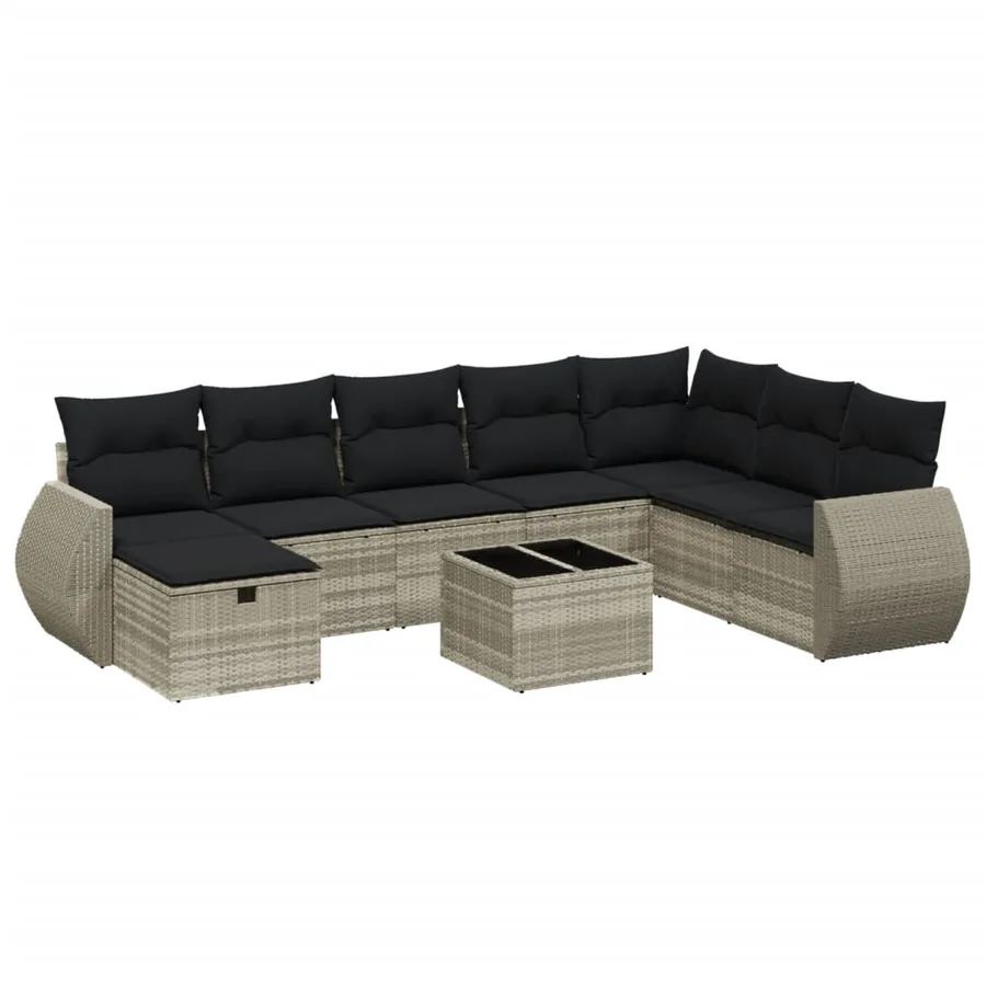 Salon de jardin 9 pcs avec coussins gris clair résine tressée - 2