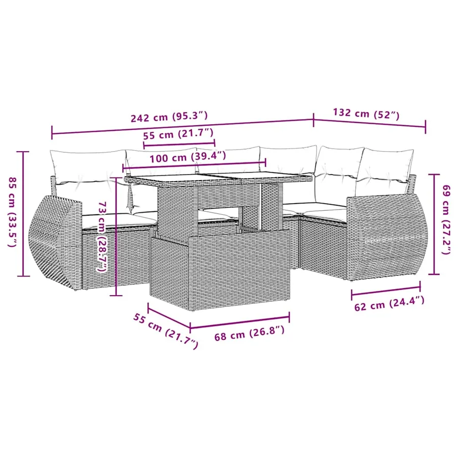 Salon de jardin 6 pcs avec coussins gris clair résine tressée - 10