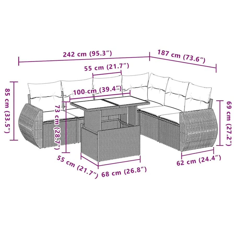 Salon de jardin avec coussins 7 pcs gris clair résine tressée - 10
