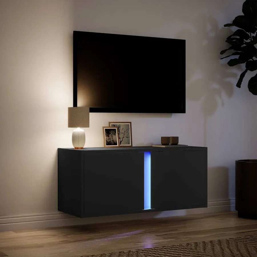 Meuble TV mural avec lumières LED noir 80x31x35 cm - 5
