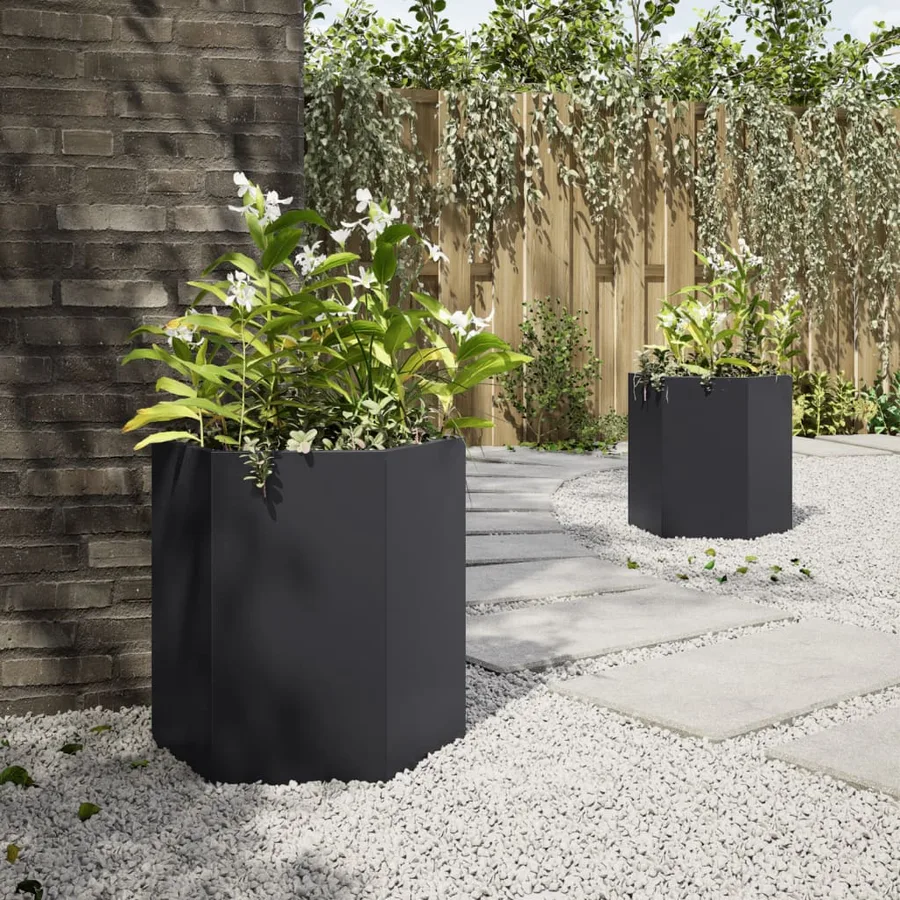 Jardinières 2 pcs noir hexagone 46x40x45 cm acier - 3