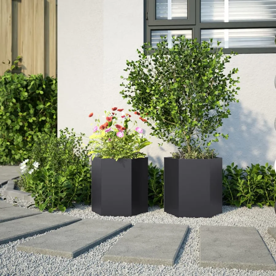 Jardinières 2 pcs noir hexagone 46x40x45 cm acier - 4