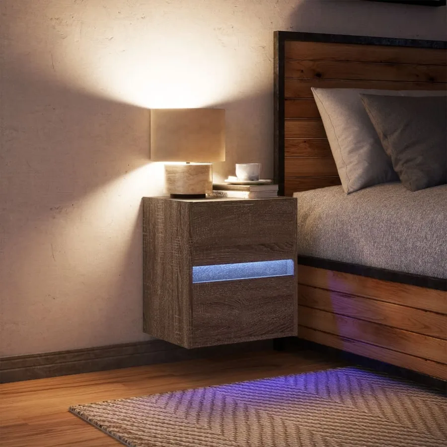 Table de chevet murale avec lumières LED chêne marron - 3