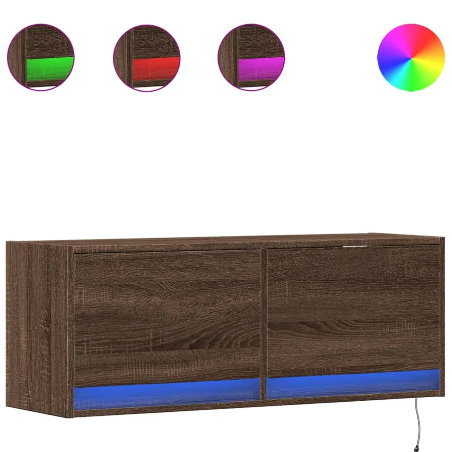 Meuble TV mural avec lumières LED chêne marron 100x31x35 cm - 2