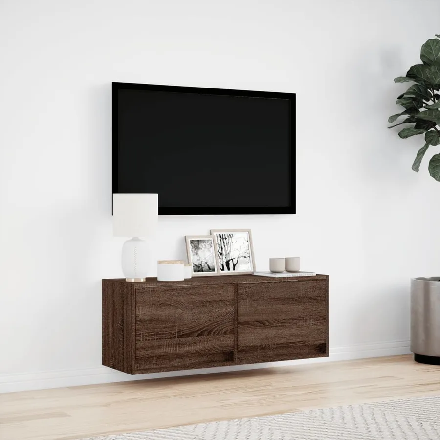 Meuble TV mural avec lumières LED chêne marron 100x31x35 cm - 4