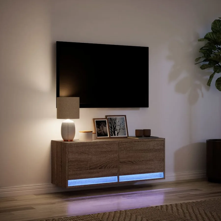Meuble TV mural avec lumières LED chêne marron 100x31x35 cm - 5