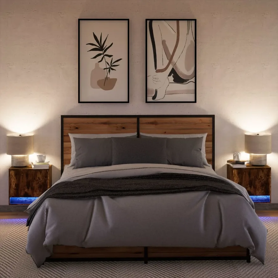 Tables de chevet murales avec lumières LED 2 pcs chêne fumé - 5