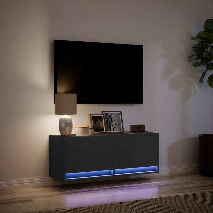 Meuble TV mural avec lumières LED noir 100x31x35 cm - 5